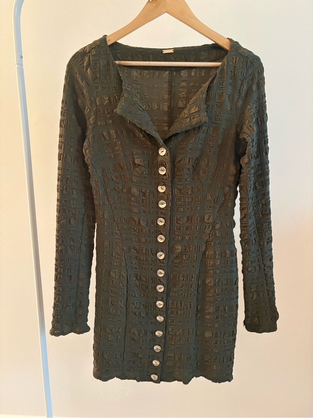 cult gaia Olive Green Textured Button-Front Long Sleeve Dress